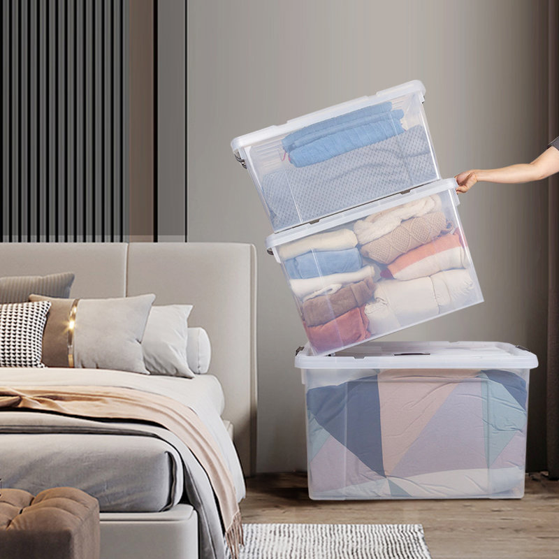 Bacs de rangement transparents avec couvercles, paquet de 6 contenants de rangement en plastique empilables de 90 pintes, bacs de rangement sans BPA avec poignées et loquets de sécurité pour la maison, la salle de bain, la cuisine, le placard