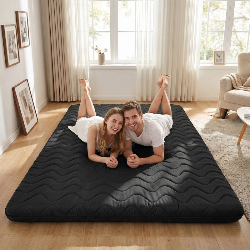 Matelas de futon japonais, grand lit, matelas de sol pliable et matelas de sol 3,5 po, noir, Grand lit