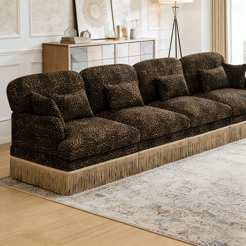 Comfy Chenille Leopard Printing Sofa,Delicate Tassel Edge,Movable Ottomans,Modern Fashion Style, Brown+4seat