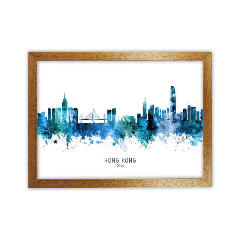Hong Kong China Skyline Blue City Name by Michael Tompsett - Print, Oak Framed, 34cm H x 46cm W x 3cm D