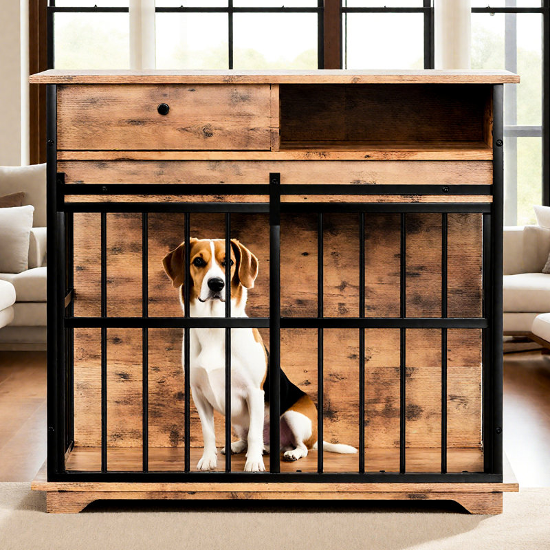 Meuble pour chien polyvalent à décor rustique, facile à déplacer, chenil haut de 33,58 pouces avec tiroir sécuritaire, finition en bois de noyer, extérieur