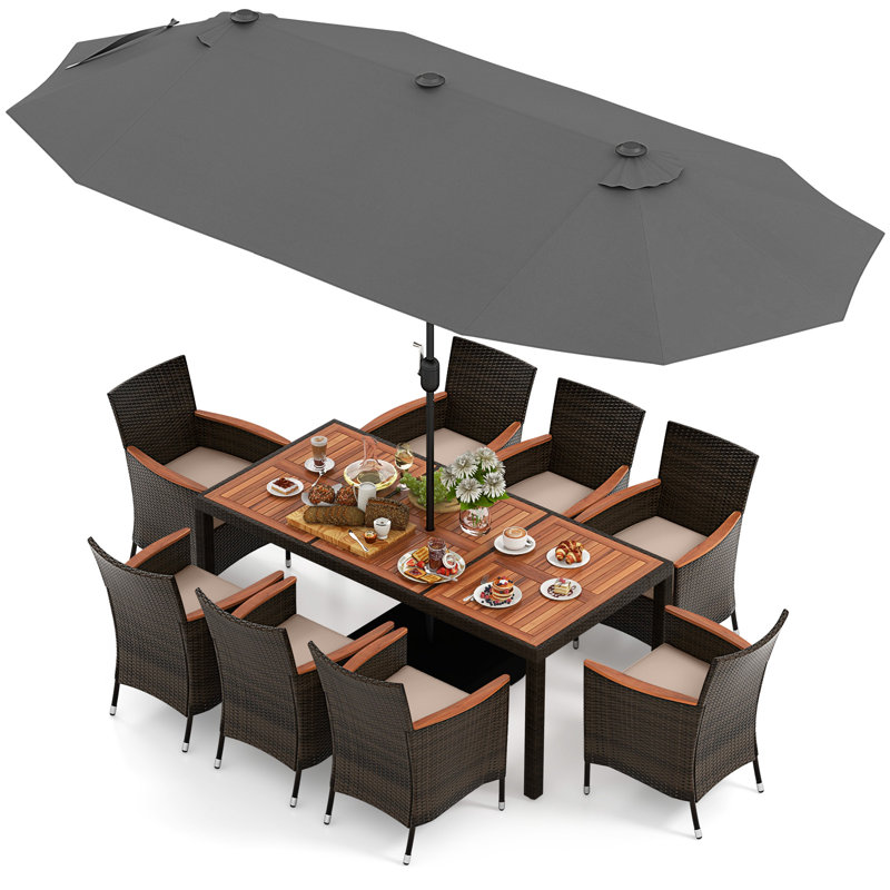 Ensemble 10 chaises de table de salle à manger avec parasol, Brun, Gris