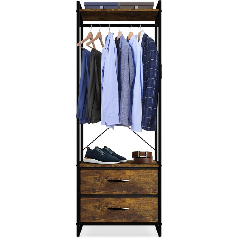 Portable Black Steel and Wood Garment Rack with Drawers