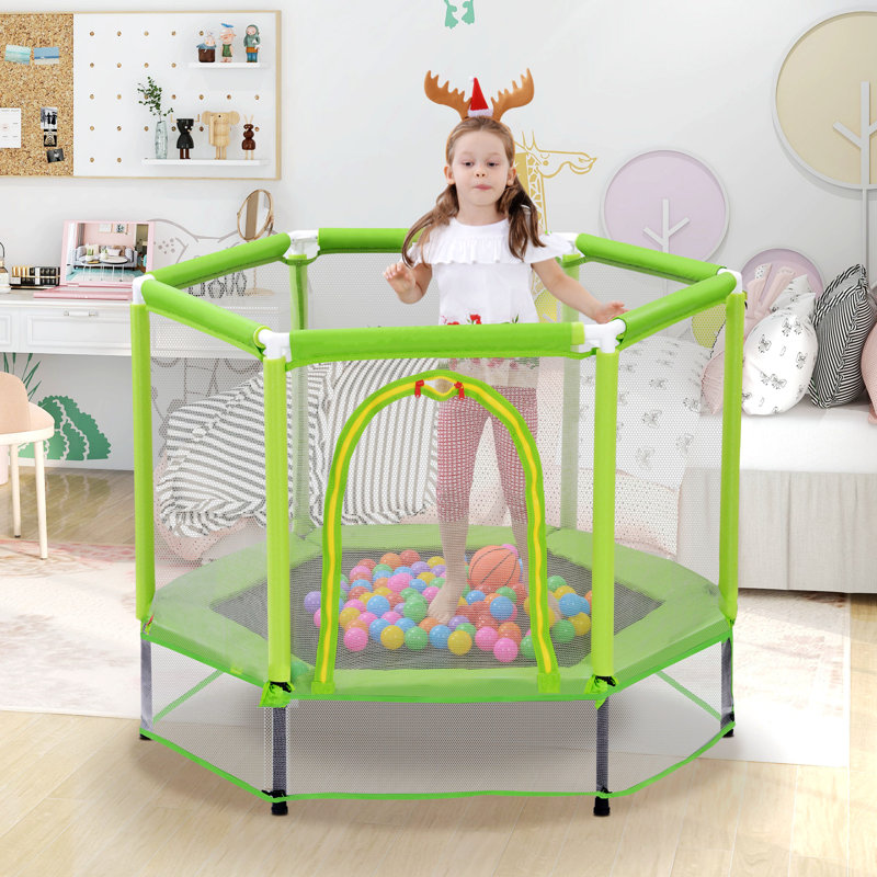 Toddlers Trampoline with Safety Enclosure Net and Balls, Green
