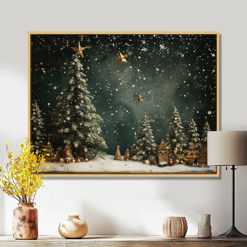 Décoration de sapin vert de Noël - Art mural sur toile de pin, H 34 po x l 44 po, Brun, Reproduction avec cadre flottant