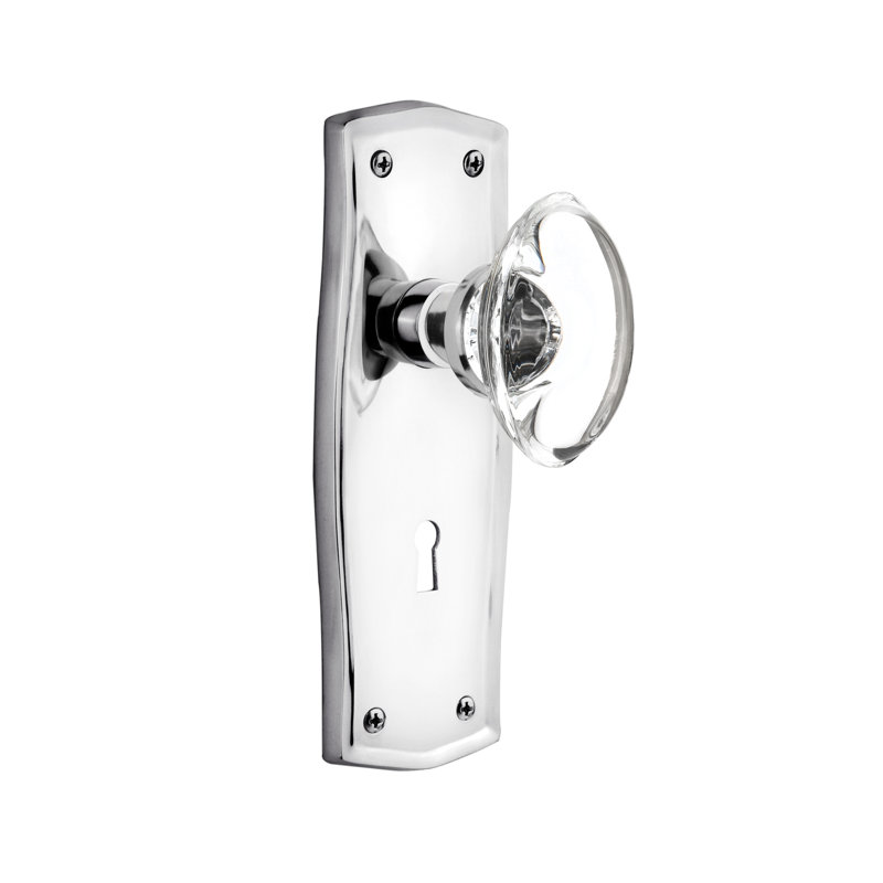 Double poignée de porte factice ovale en cristal avec plaque longue serrure Prairie, Chrome brillant