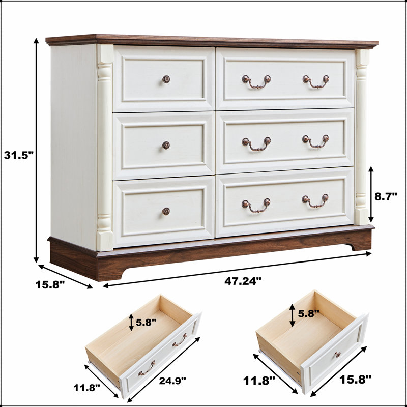 Commode 6 tiroirs de style campagnard en bois massif durable au design rustique avec beaucoup de rangement pour les chambres et les salons