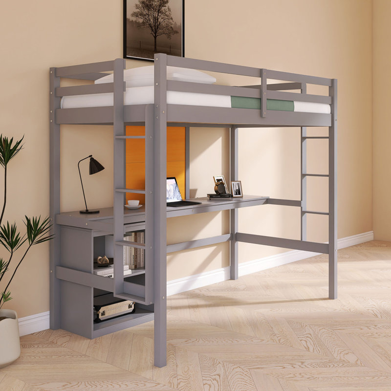 Lit mezzanine en bois avec tableau d'écriture, gris, Lit simple