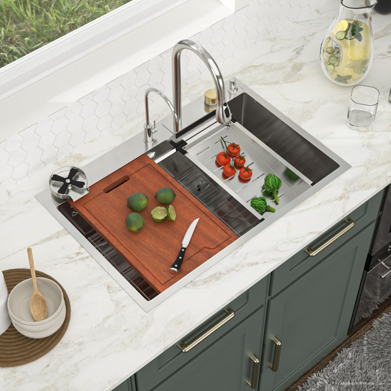 33'' L x 22"W Drop-In Single Bowl Stainless Steel Kitchen Sink with Cup Washer and Flying Rain Faucet, Brushed
