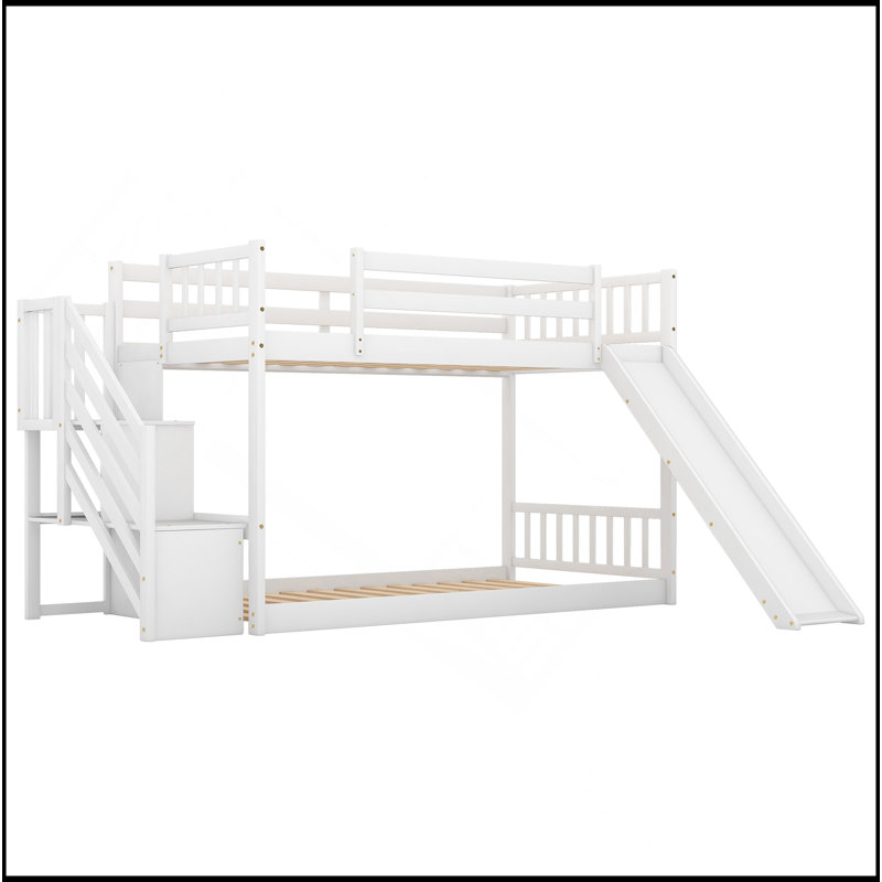 Lit superposé simple au-dessus d'un lit simple avec glissière convertible et escalier, blanc