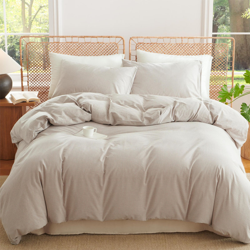 Ensemble d'édredon à carreaux Gingham 100% coton délavé, Tanné, Housse de couette grand et 2 taies d'oreiller stan