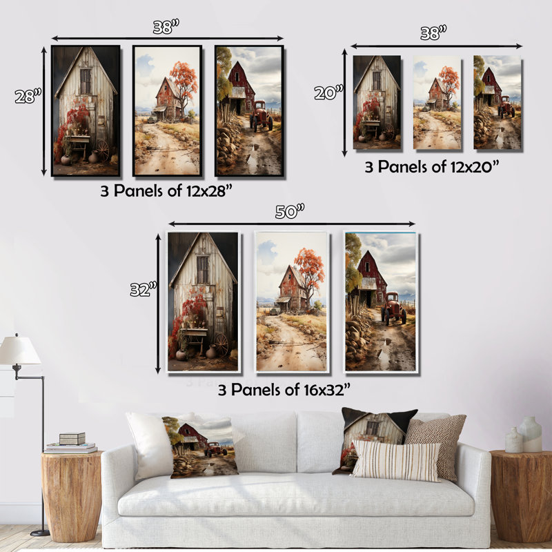 " Barns Rustic Charm " 3 - Pieces, 28" H x 36" W, Wrapped Canvas