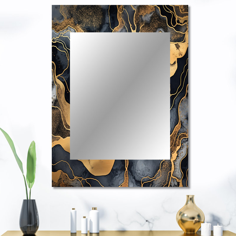 Or et marbre gris scintillant galaxies IV - miroir mural fractal, miroir décoratif moderne, impression d'art en métal