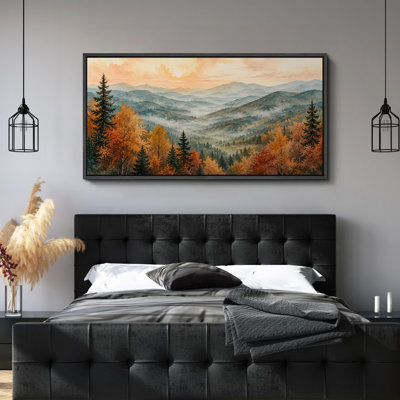 «Misty Autumn Mountain Valley with Forest Trees and Layered Hills Landscape», impression murale sur toile encadrée