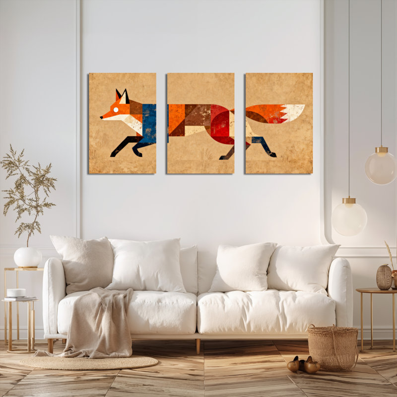 «Geometric Fox», art mural moderne sur toile abstraite (ensemble de 3), H 18 po x l 36 po