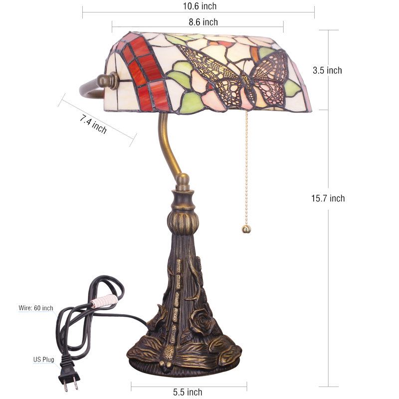 Tiffany Banker Lamp Small Stained Glass Table Lamp Angle Adjustable Butterfly in Flower Style