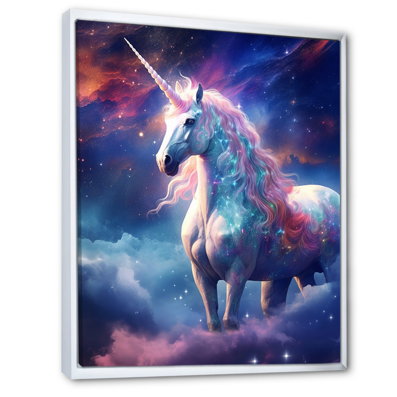 Magie de licorne cosmique mauve sur toile, H 32 po x l 16 po x P 1 po, Cadre flottant blanc