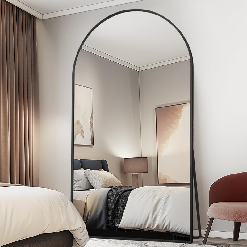 Large Arched Full Length Mirror with Stand, Wall Mounting Full Body Tempered Mirror, Metal Frame Full-Length Mirror for Living Room, Bedroom