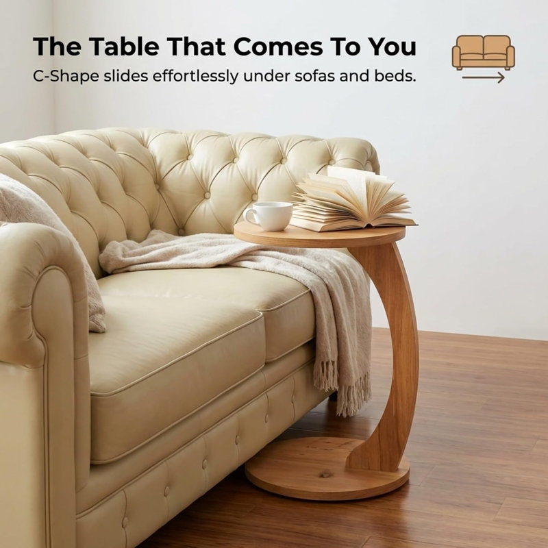 Adhem C-Shaped Round End Table with Rolling Wheels: A Movable, Space-Saving Side Table Perfect for Sofas, Living Rooms, Bedside Areas, and Optimizing Small Living Spaces