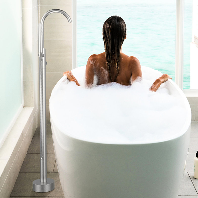 Fixation au sol pour robinet de baignoire - Céramique noire matte, métal de qualité, douche à main, bec pivotant à 360 degrés, finition brossée fixée au luminaire de salle de bain, matériaux, jet, poignée rotative simple
