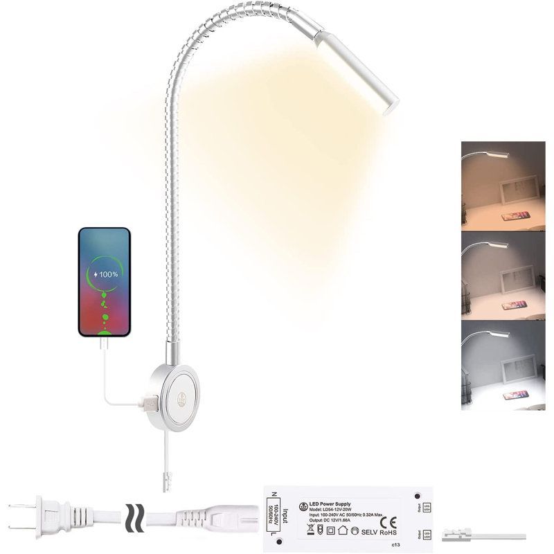 Lampe de lecture à col de cygne flexible VST avec port de charge USB, fixation murale au chevet, Argent