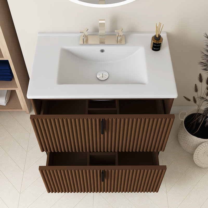 Meuble-lavabo 30 po avec lavabo en céramique, Brun