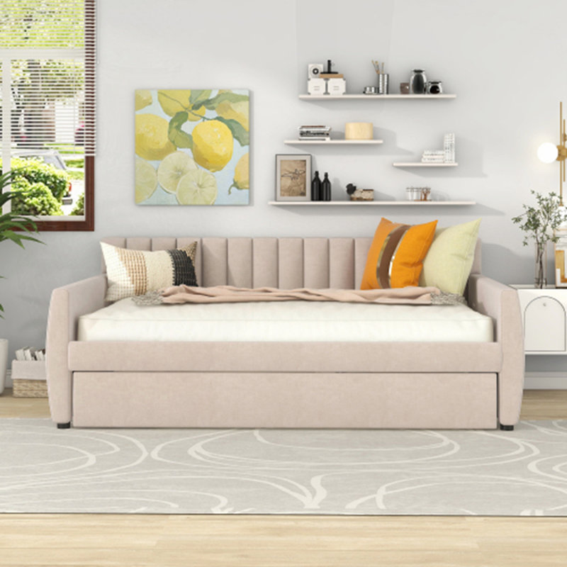 Lit plateforme tapissier avec tête de lit et 4 tiroirs de rangement, Beige, Double