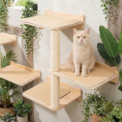 3-Tier Cat Wall Shelves with Sisal Scratching Post & Mat, Solid Pine Wood Modular Climbing Furniture