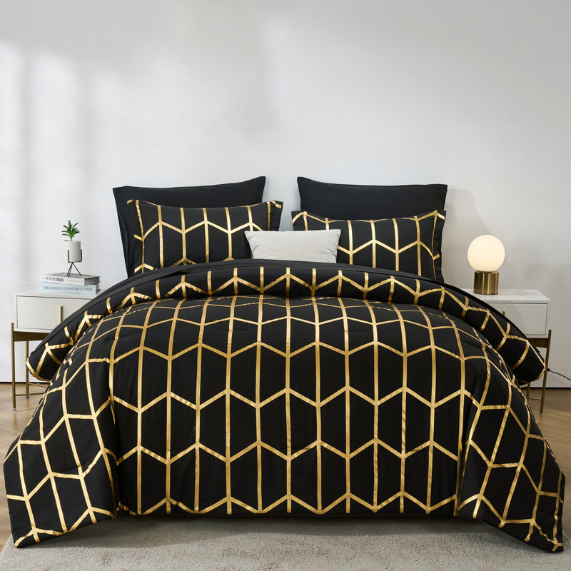 5-Piece Twin Size Metallic Geometric Comforter Set, Modern Gold Foil Chevron Bedding, All-Season Microfiber Bed in a Bag with Sheets and Pillow Shams