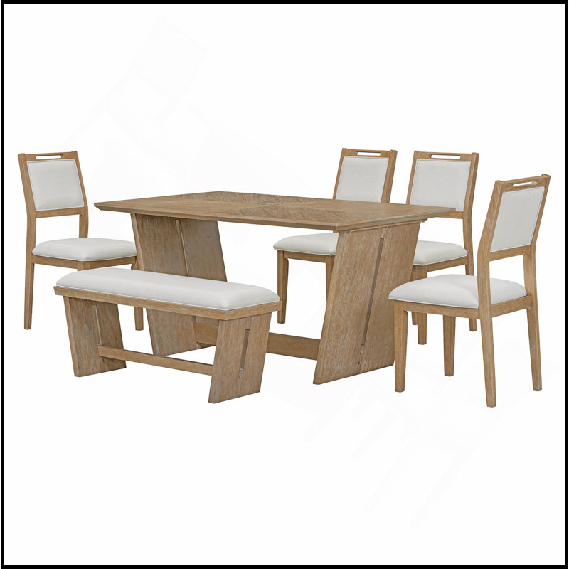 Ensemble de table de salle à manger 6 pièces pour 6, table de cuisine en bois de 60 po et 4 chaises avec banc et base en tréteaux pour la cuisine et la salle à manger