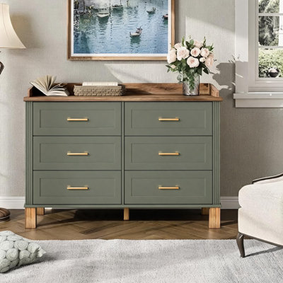 Commode 6 tiroirs en bois avec poignées en métal, commode moderne pour chambre à coucher, olive