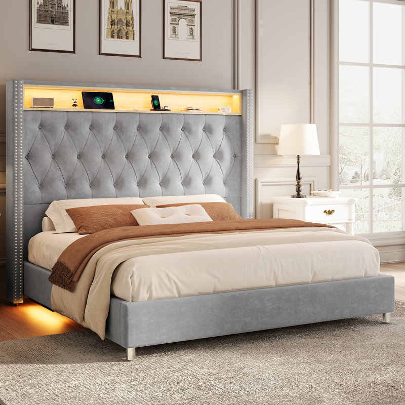 Ashaya Upholstered Wingback Storage Bed, King, Gray