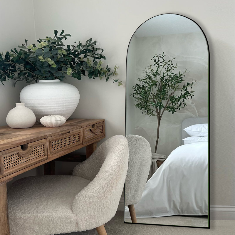 Oversized Wood Arched Full Length Mirror, Standing or Leaning Full Body Mirror, 65" x 22", Black