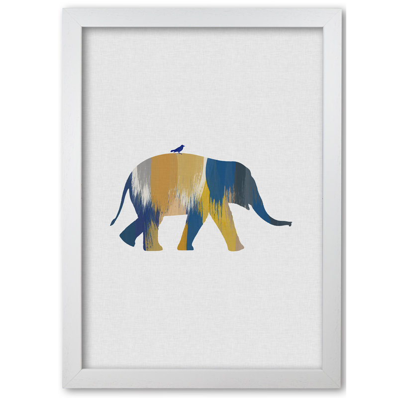 Elephant Blue & Yellow - Print, White Grain Frame, 60 cm H x 42 cm W x 5 cm D