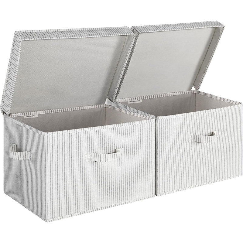 Bacs de rangement décoratifs en tissu avec couvercle - paquet de 2 rayures grises et blanches, paniers de rangement de placard empilables avec poignées