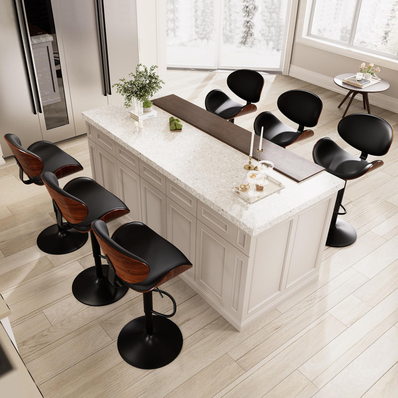 24"H Swivel Upholstered Barstool, Faux Leather Bar Stool for Kitchen Island, Adjustable Height Counter Stool with Back, Black