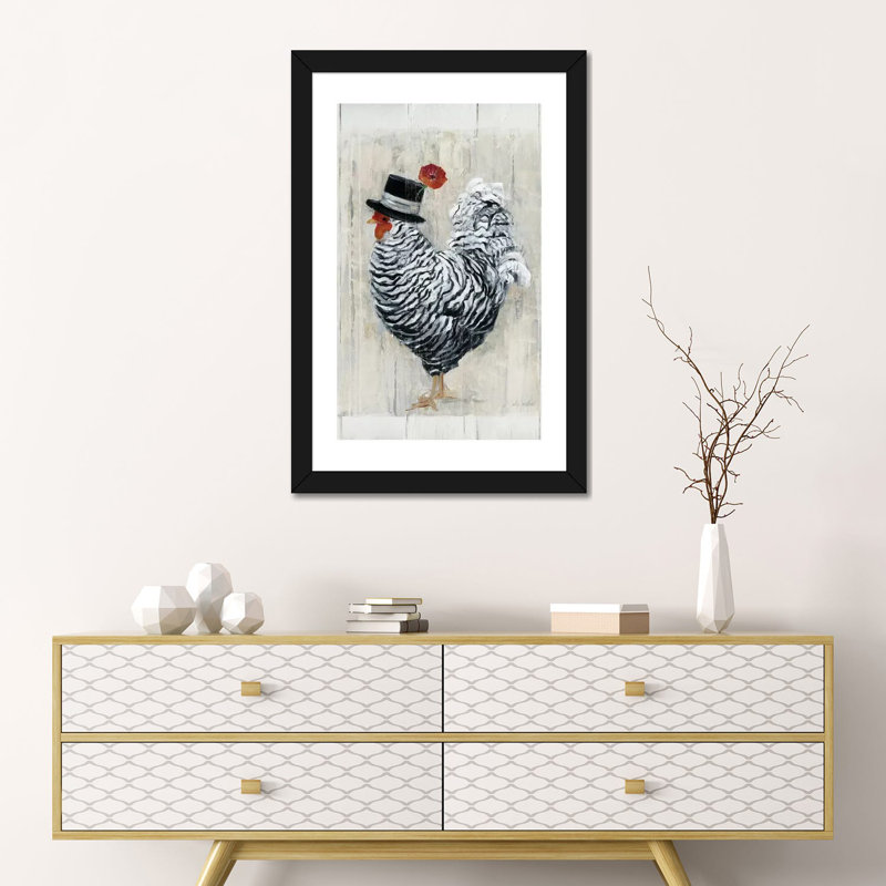 «Sunday Best Rooster» par Sally Swatland - reproduction d'art, Blanc, Papier encadré noir, H 24 po x l 16 po x P 1 po
