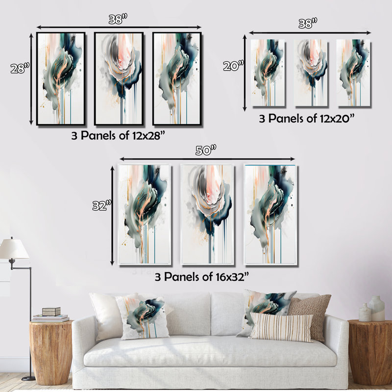 «Green Elegant Roses», 3 pièces sur toile, Cadre flottant doré, H 40 po x l 60 po