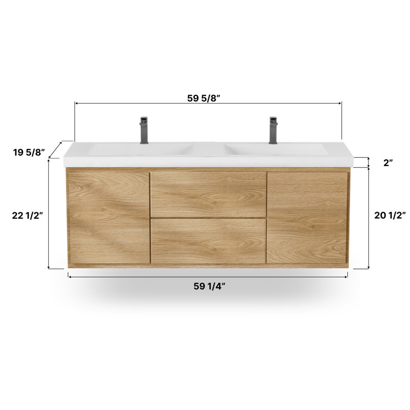 Chesham l 60 po x P 19-5 / 8 po Chesham P x 22 1/2 po H Meuble-lavabo flottant en chêne naturel avec plateau en céramique blanche assemblé