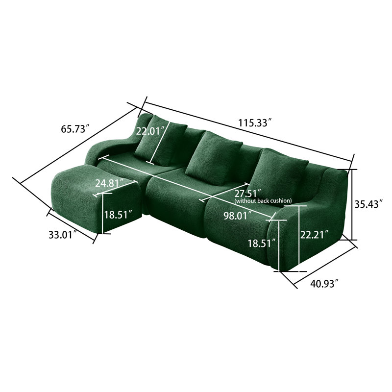 Canapé modulaire rembourré 3 places avec repose-pieds, Ours en peluche vert, H 35,43 po x l 115,33 po x P 65,73 po