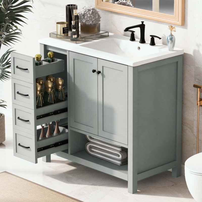 Meuble-lavabo pour salle de bain avec comptoir, meuble-lavabo avec deux portes et deux tiroirs, bois massif, tablette ouverte, panneaux de fibres à densité moyenne, deux ensembles