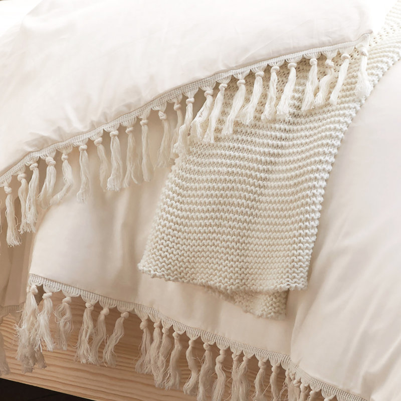 Ivory Cotton Fringe Full/Queen Duvet Cover Set