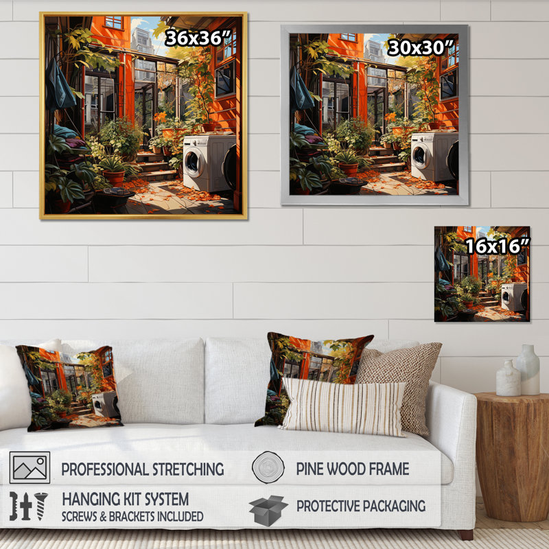 «Bath Laundry Urban Oasis I», reproduction sur toile, Cadre flottant noir, H 30 po x l 30 po x P 1 po