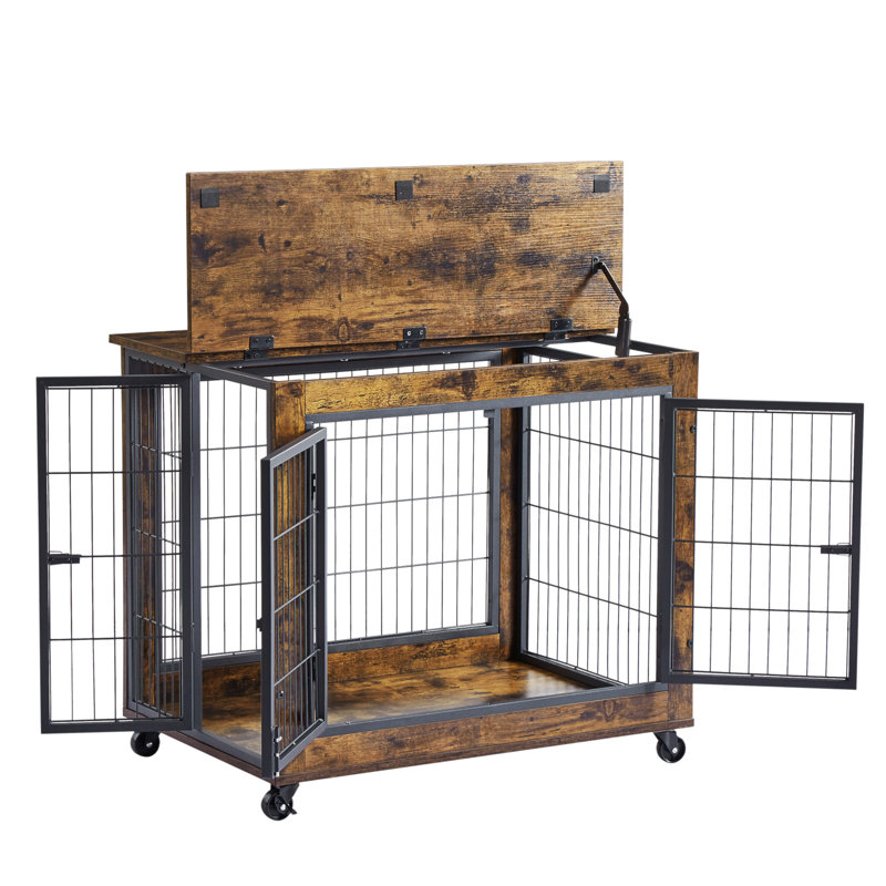Table d'appoint pour chien sur roulettes avec portes doubles et plateau relevable, H 24,8 po x l 31,5 po x P 21 po, Brun