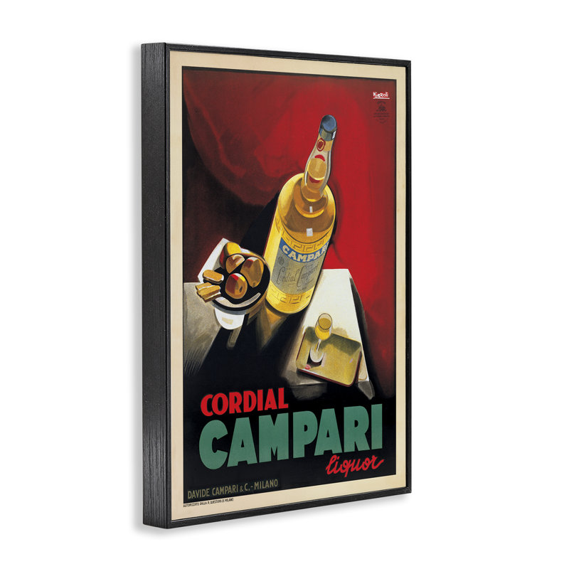 Art antique de giclée de liqueur Compari antique, design par Marcello Nizzoli, H 18 po x l 12 po, Giclée encadrée noir minuit