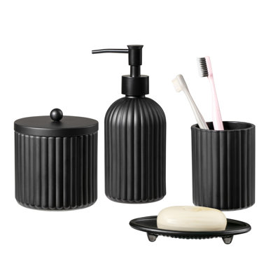 Ensemble d'accessoires de salle de bain en verre épais 4 pièces avec motif pressé décoratif - Comprend un distributeur de savon à main, un gobelet, un porte-savon et un porte-brosse à dents (noir)