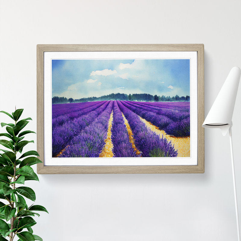 Lavender Field Watercolour - Single Picture Frame Painting, 25cm H x 34cm W x 2cm D, Oak
