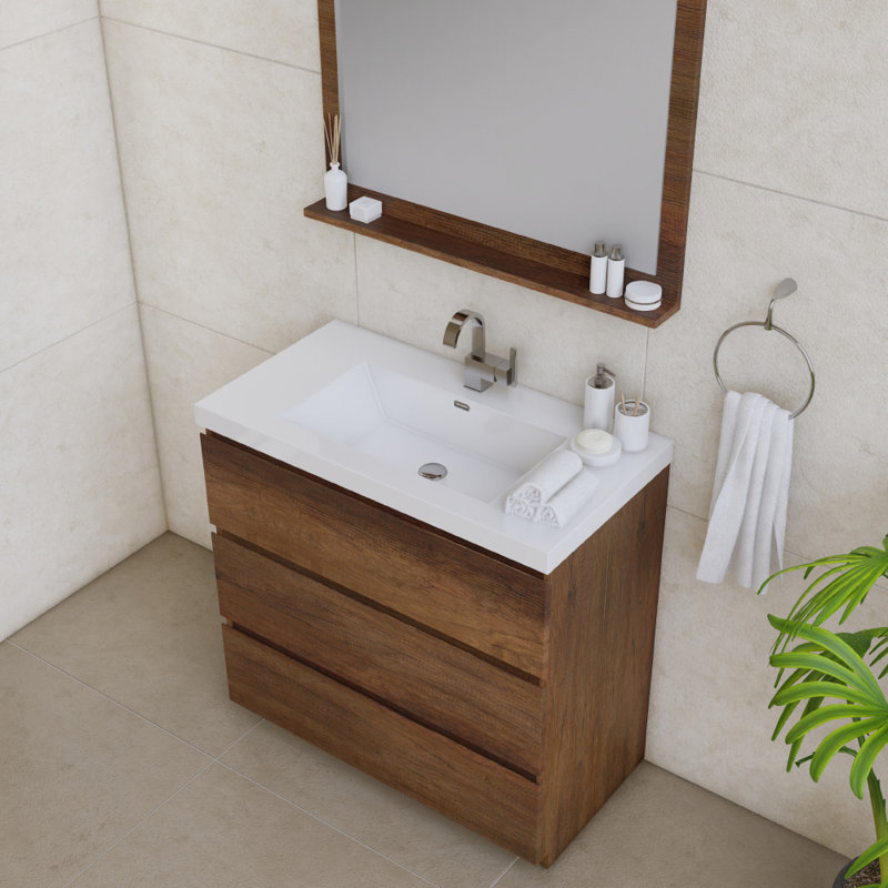 Arjina 36'' Single Bathroom Vanity with Solid Surface Top, Rosewood