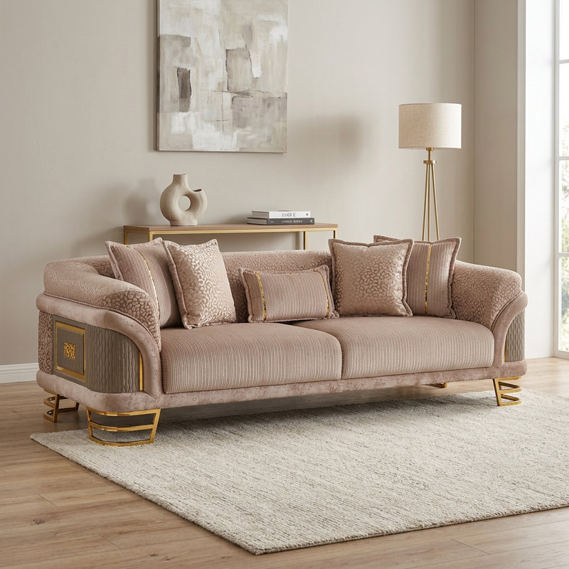 Luxury Modern Glam Sofa With Metallic Accents & Designer Curved Arms, Cream, 95", Gold
