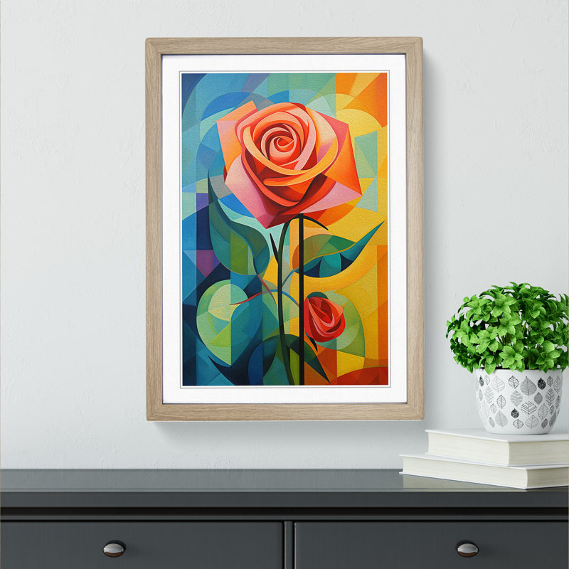 Rose Cubism - Single Picture Frame Print on Wood, Oak, 64cm H x 46cm W x 2cm D